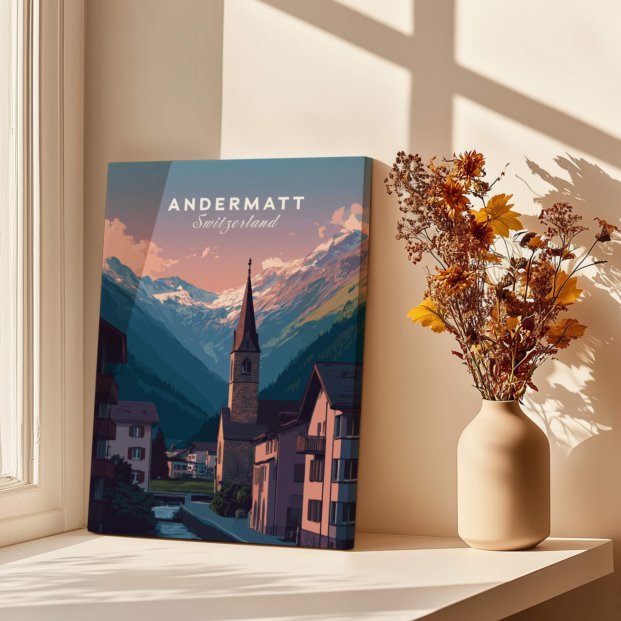 Andermatt Travel Poster – Switzerland Print showcasing the alpine landscape and village architecture of Andermatt.