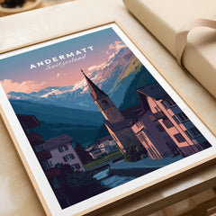Andermatt Travel Poster – Switzerland Print featuring mountain scenery and village architecture.