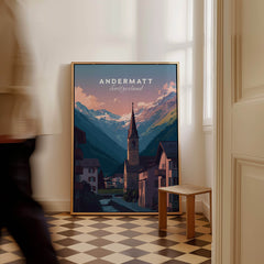 Andermatt Travel Poster – Switzerland Print featuring a stunning alpine landscape and charming village architecture.
