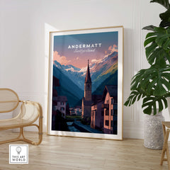 Andermatt Travel Poster – Switzerland Print showcasing the alpine beauty of Andermatt with mountain scenery and village architecture.