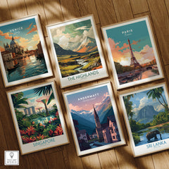 Travel posters featuring Venice, The Highlands, Paris, Andermatt Travel Poster – Switzerland Print, Singapore, and Sri Lanka.