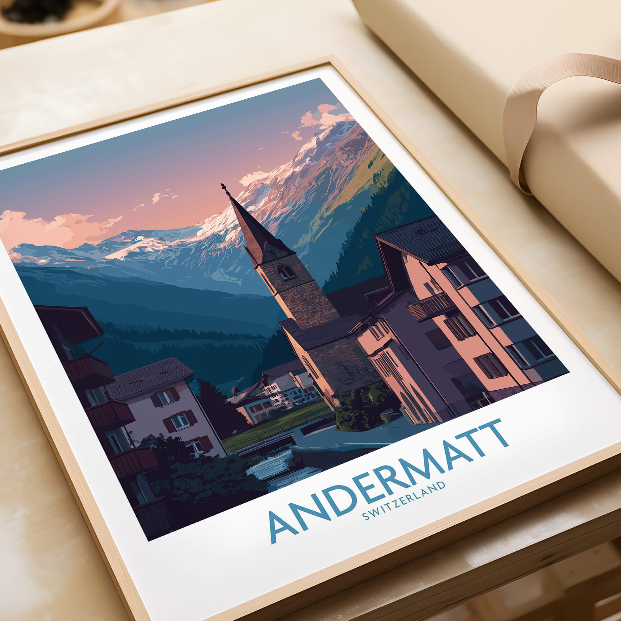 Andermatt Switzerland Print – Travel Poster featuring a picturesque scene of Andermatt surrounded by mountains.