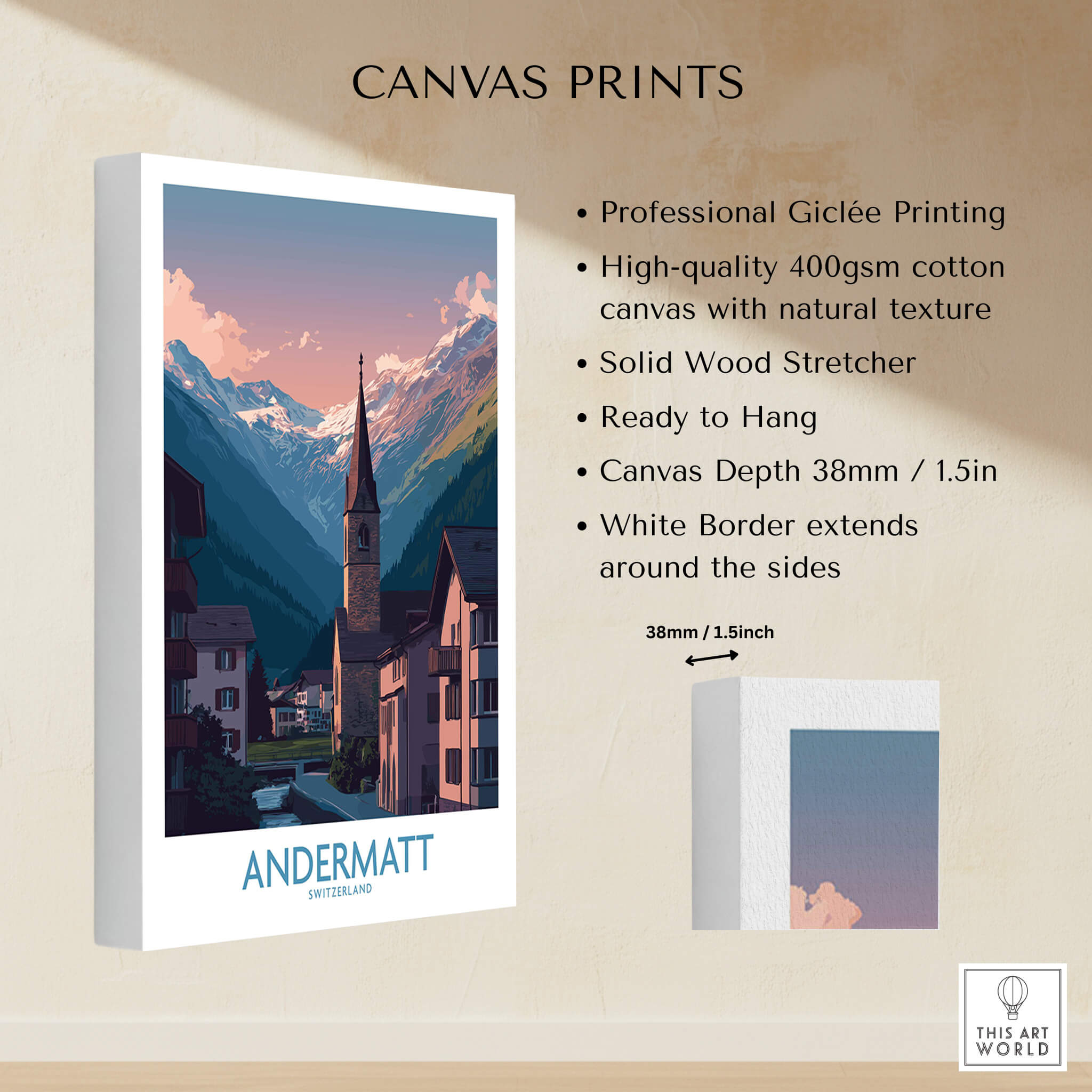 Andermatt Switzerland Print – Travel Poster displayed on canvas with natural texture and mountain scenery.