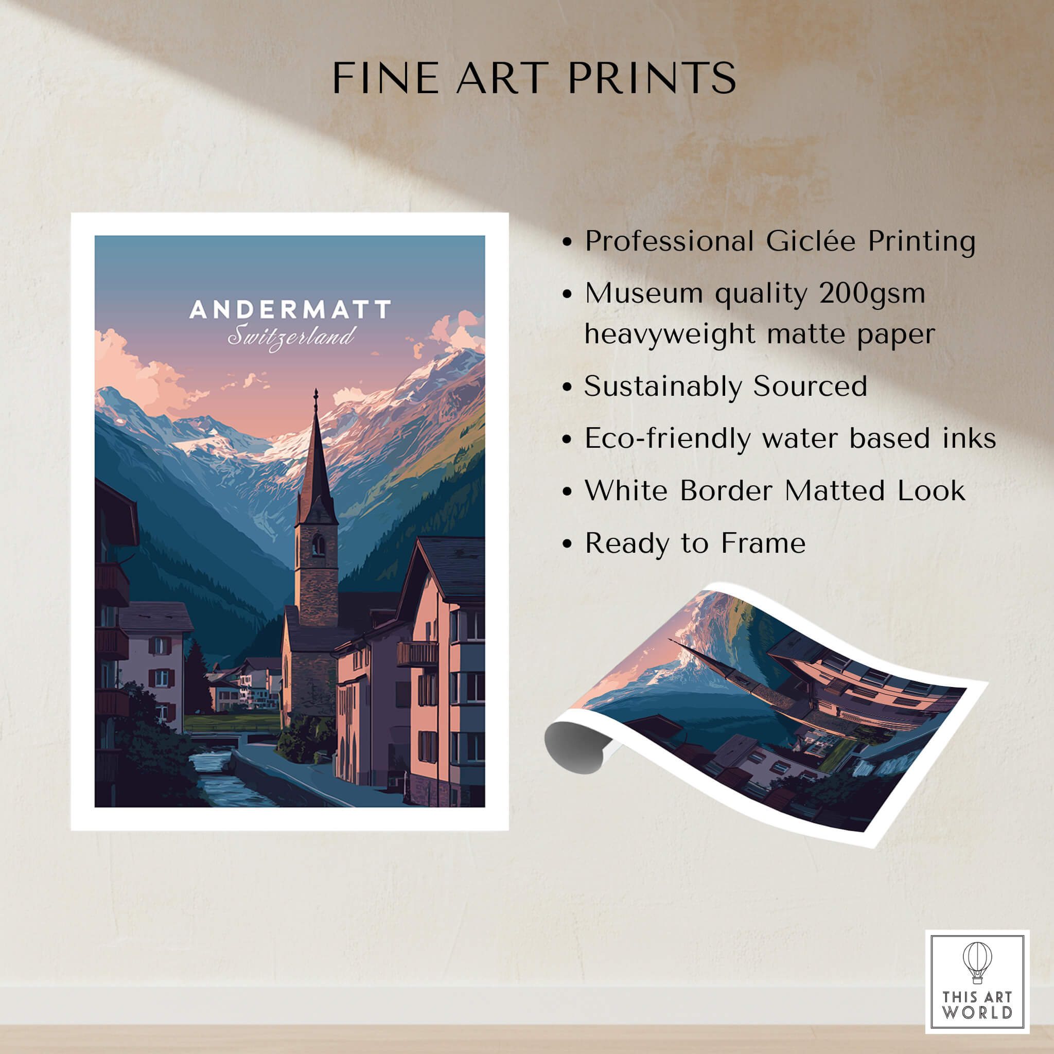 Andermatt Travel Poster – Switzerland Print featuring professional Giclée printing and stunning alpine scenery.