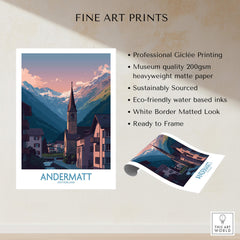 Andermatt Switzerland Print – Travel Poster showcasing professional Giclée printing and stunning Alpine scenery.