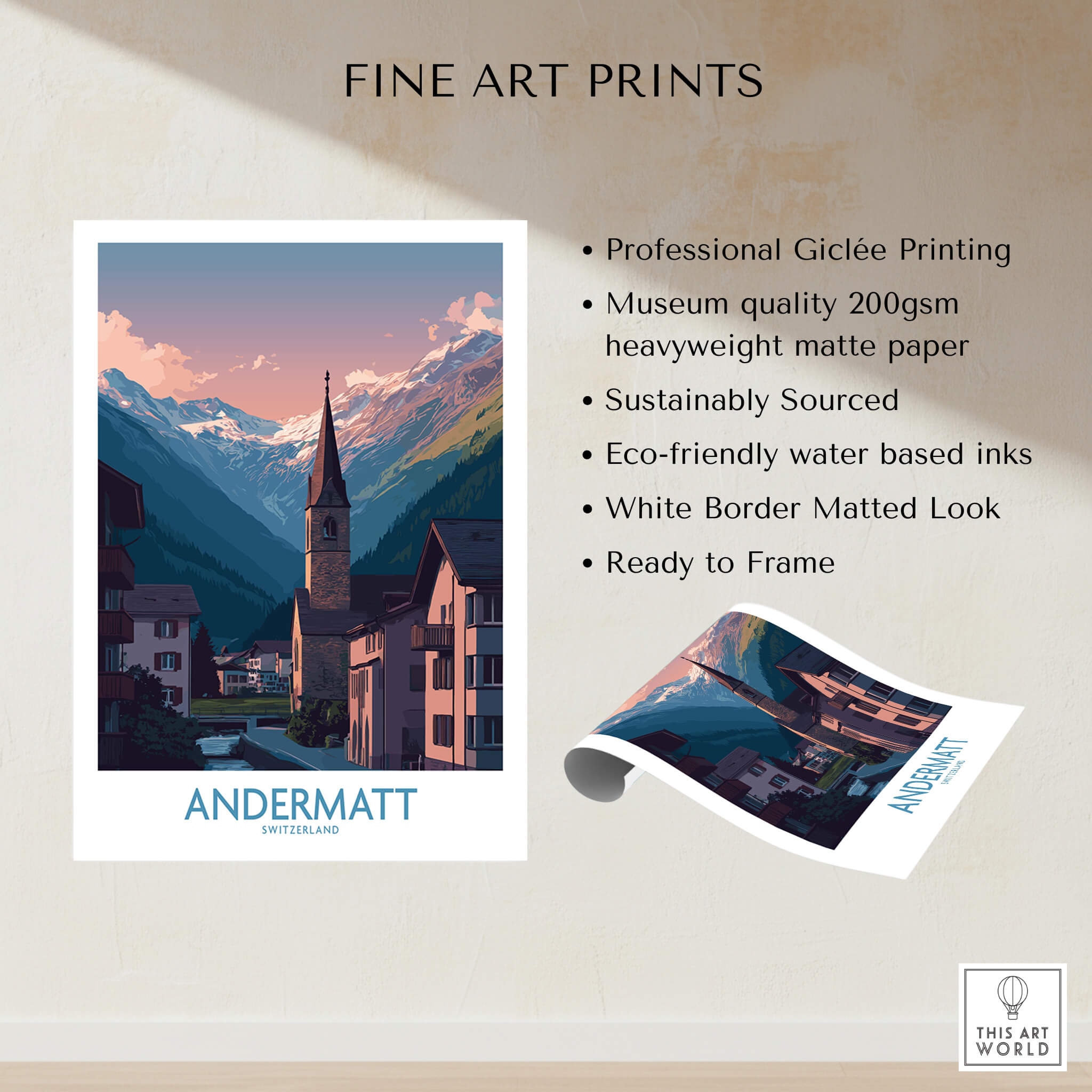 Andermatt Switzerland Print – Travel Poster showcasing professional Giclée printing and stunning Alpine scenery.