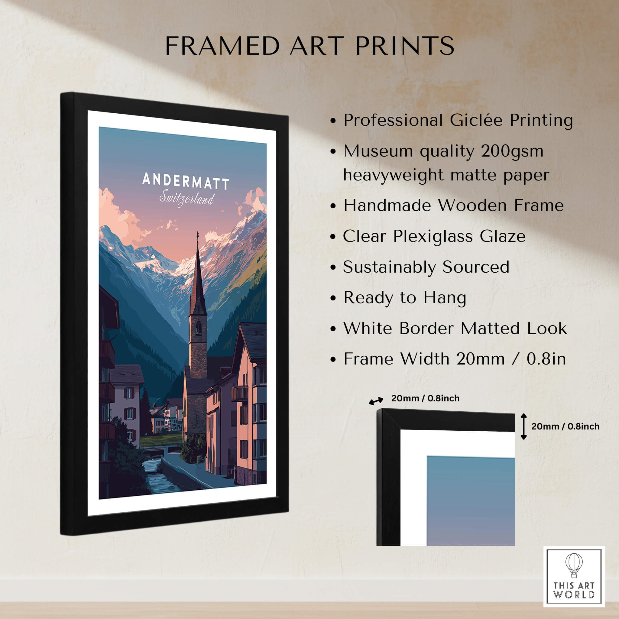 Andermatt Travel Poster – Switzerland Print featuring alpine scenery in a framed art print format.