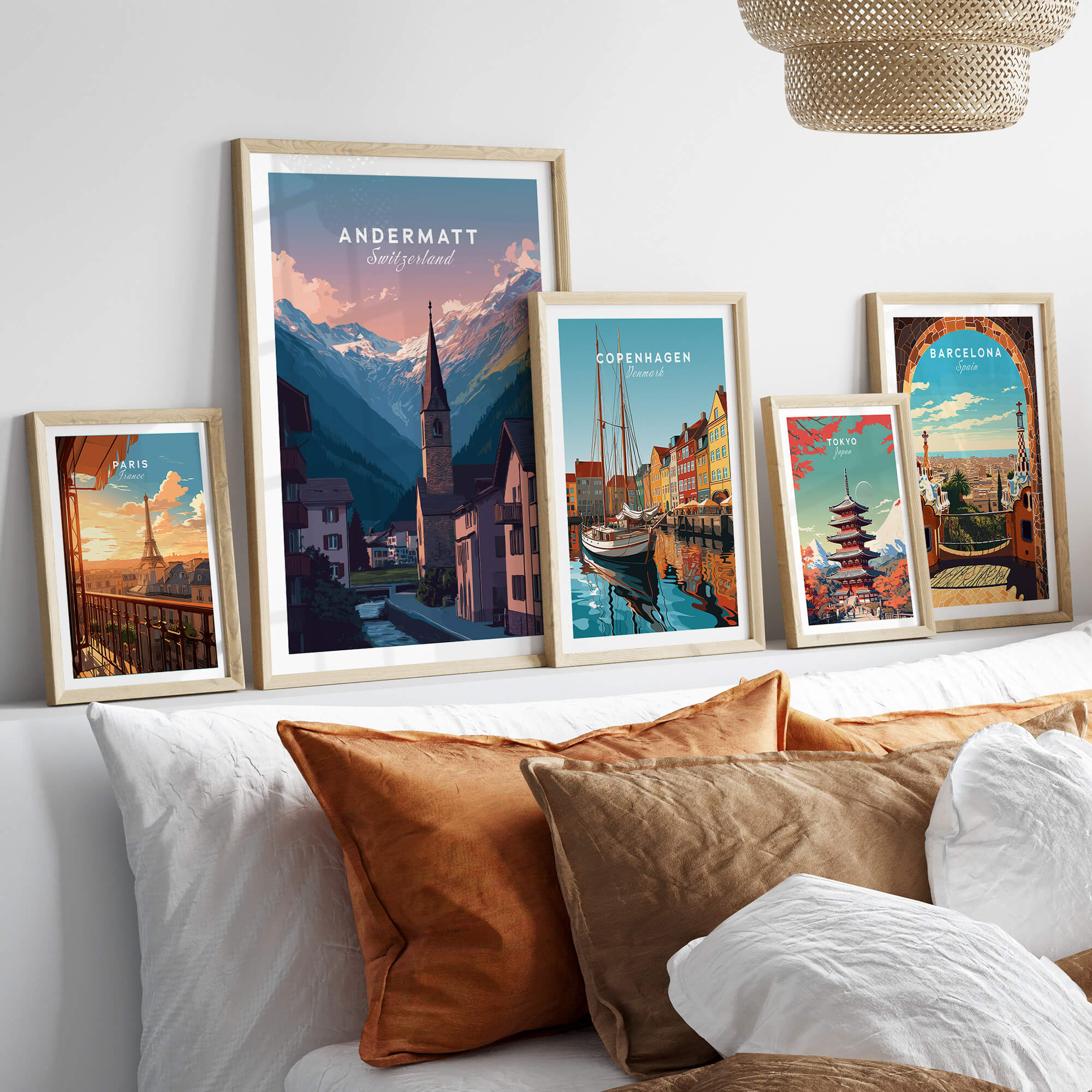 Andermatt Travel Poster – Switzerland Print displayed among other travel posters in a stylish living room setting.