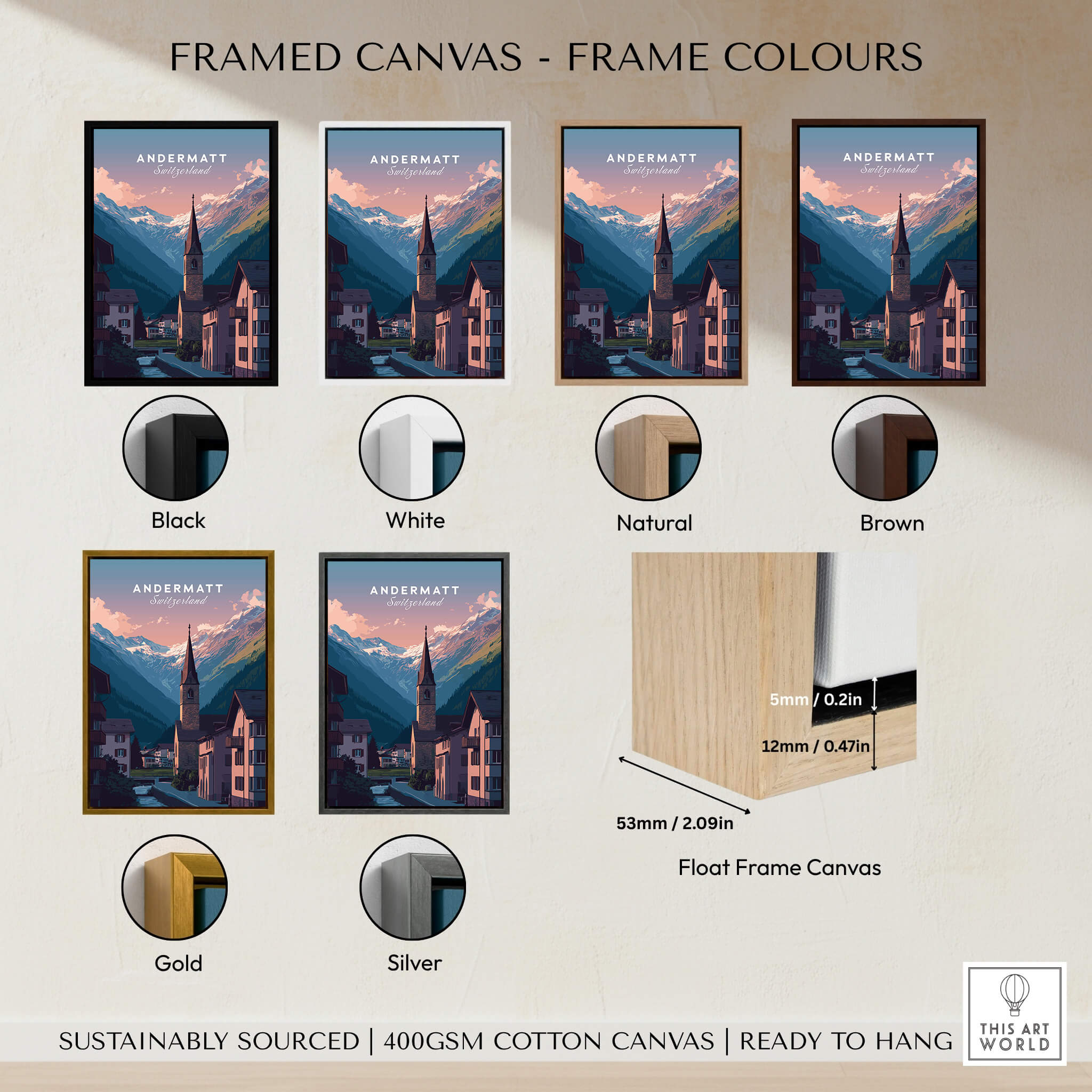 Framed canvas options for Andermatt Travel Poster – Switzerland Print in various colors and styles.