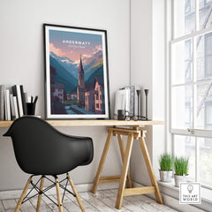 Andermatt Travel Poster – Switzerland Print displayed in a stylish home office decor setting with mountains visible.
