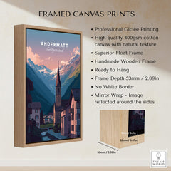 Andermatt Travel Poster – Switzerland Print displayed in a framed canvas print showcasing Swiss alpine scenery.
