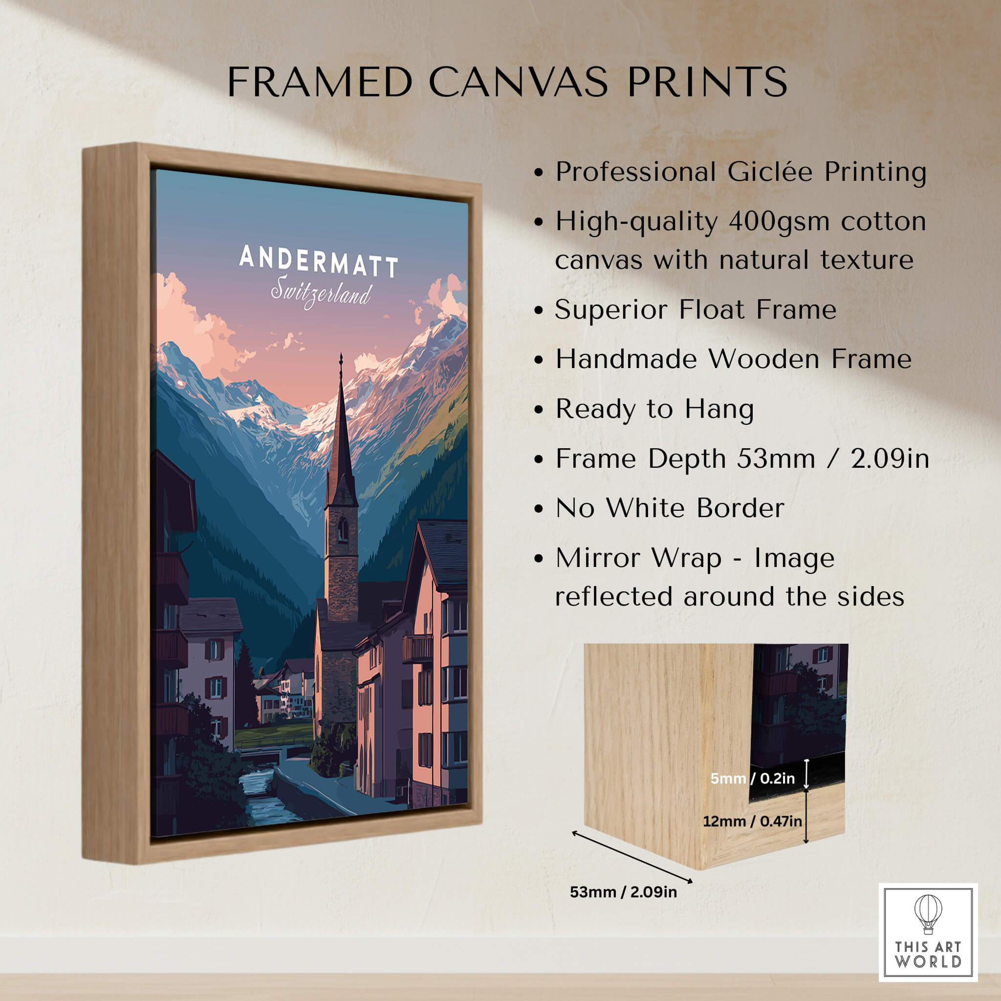Andermatt Travel Poster – Switzerland Print displayed in a framed canvas print showcasing Swiss alpine scenery.