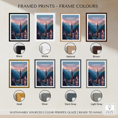 Andermatt Travel Poster – Switzerland Print displayed in various frame colors like Black, White, Natural, Brown, Gold, Silver, Dark Grey, and Light Grey.