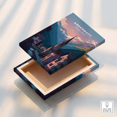Andermatt Travel Poster – Switzerland Print design on a decorative box showcasing stunning mountain views.