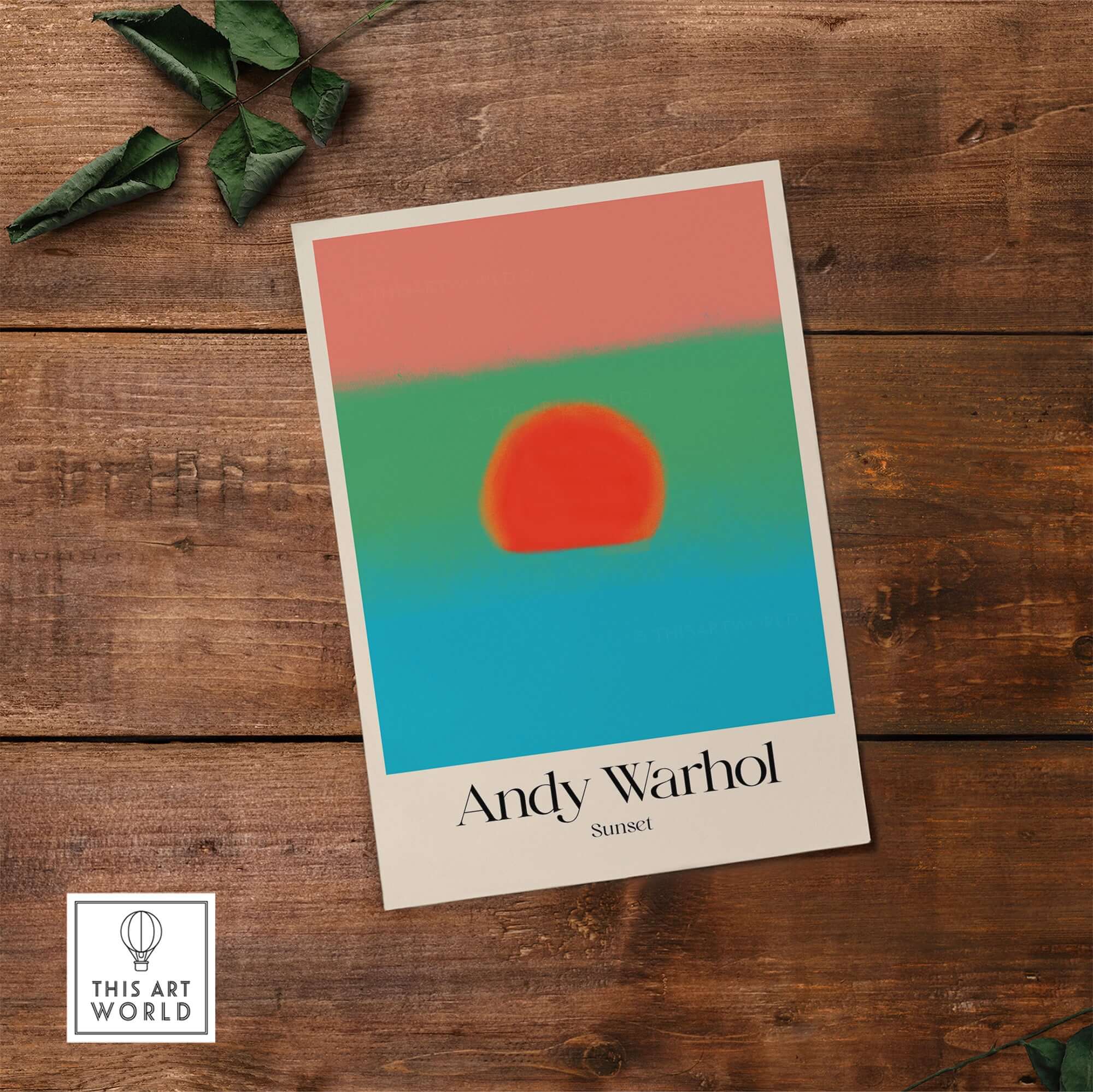 Andy Warhol Sunset Coral Green Blue Pop Art Poster Abstract Wall Art Print Modern on a wooden background.