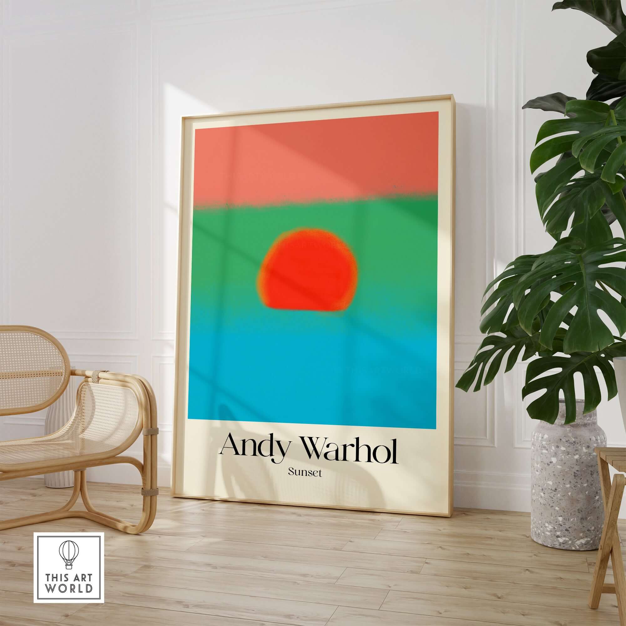 Andy Warhol Sunset Coral Green Blue Pop Art Poster Abstract Wall Art Print Modern displayed in a stylish interior setting.