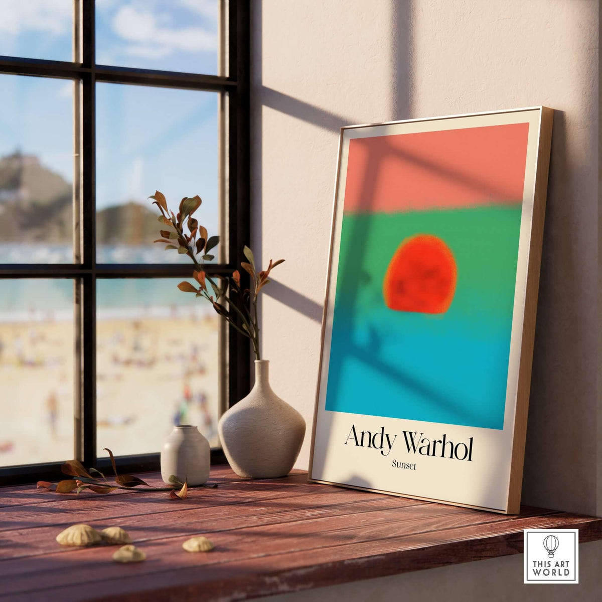 Andy Warhol Sunset Coral Green Blue Pop Art Poster Abstract Wall Art Print Modern displayed in a stylish interior setting.
