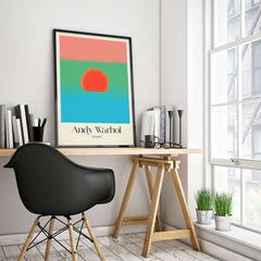 Andy Warhol Sunset Coral Green Blue Pop Art Poster Abstract Wall Art Print Modern displayed in a modern workspace.