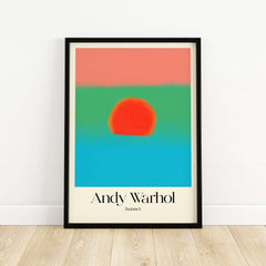 Andy Warhol Sunset Coral Green Blue Pop Art Poster Abstract Wall Art Print Modern featuring vibrant colors and a bold sun.