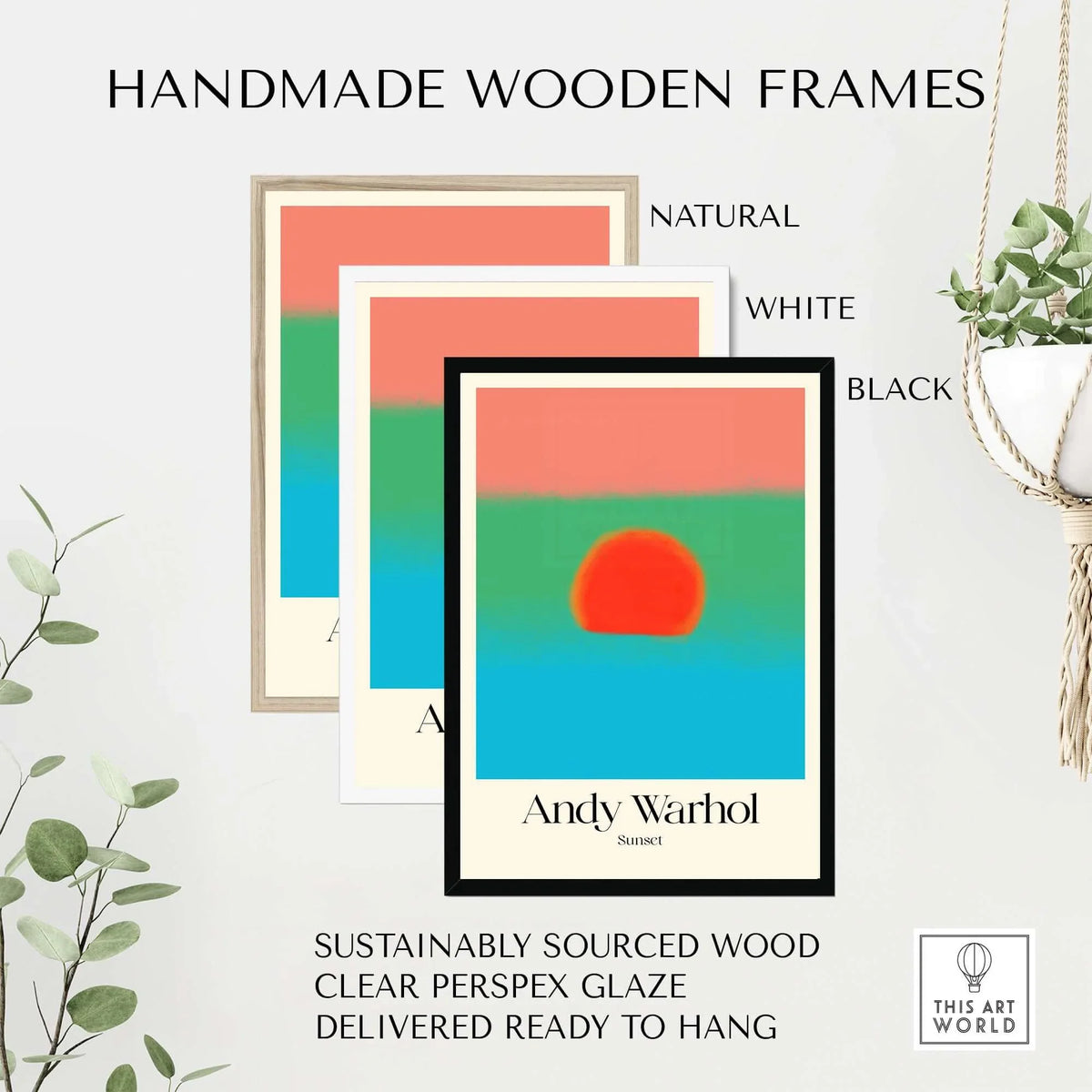 Handmade wooden frames for Andy Warhol Sunset Coral Green Blue Pop Art Poster Abstract Wall Art Print Modern
