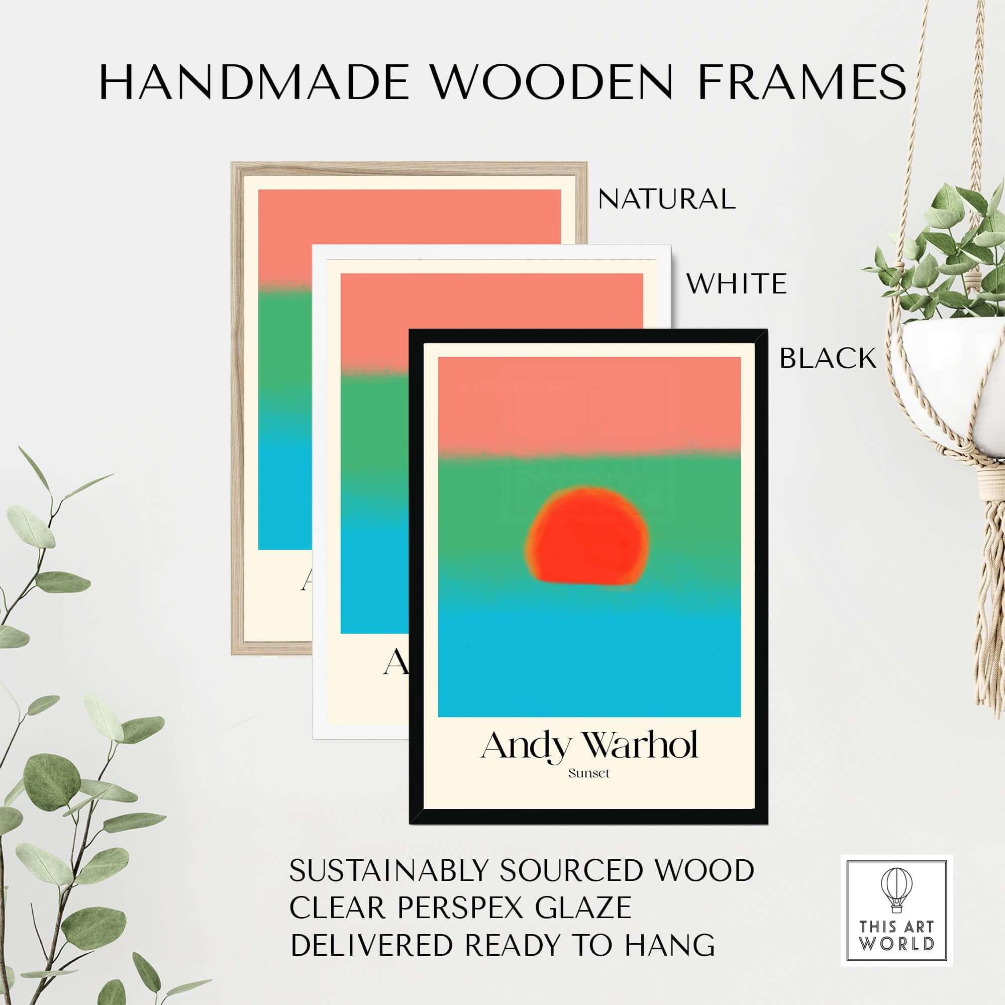 Handmade wooden frames for Andy Warhol Sunset Coral Green Blue Pop Art Poster Abstract Wall Art Print Modern