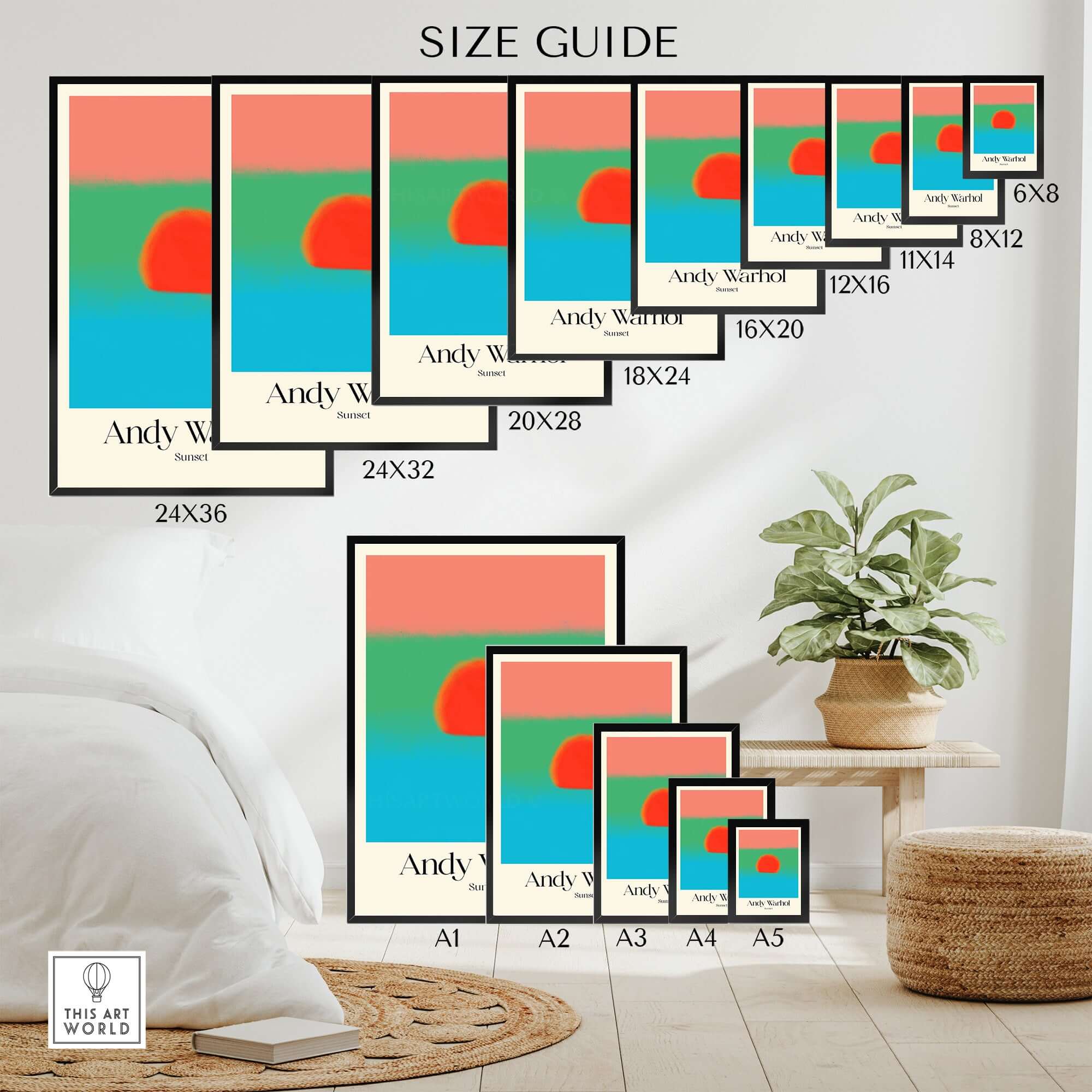 Andy Warhol Sunset Coral Green Blue Pop Art Poster Abstract Wall Art Print Modern size guide showcasing various frame sizes.
