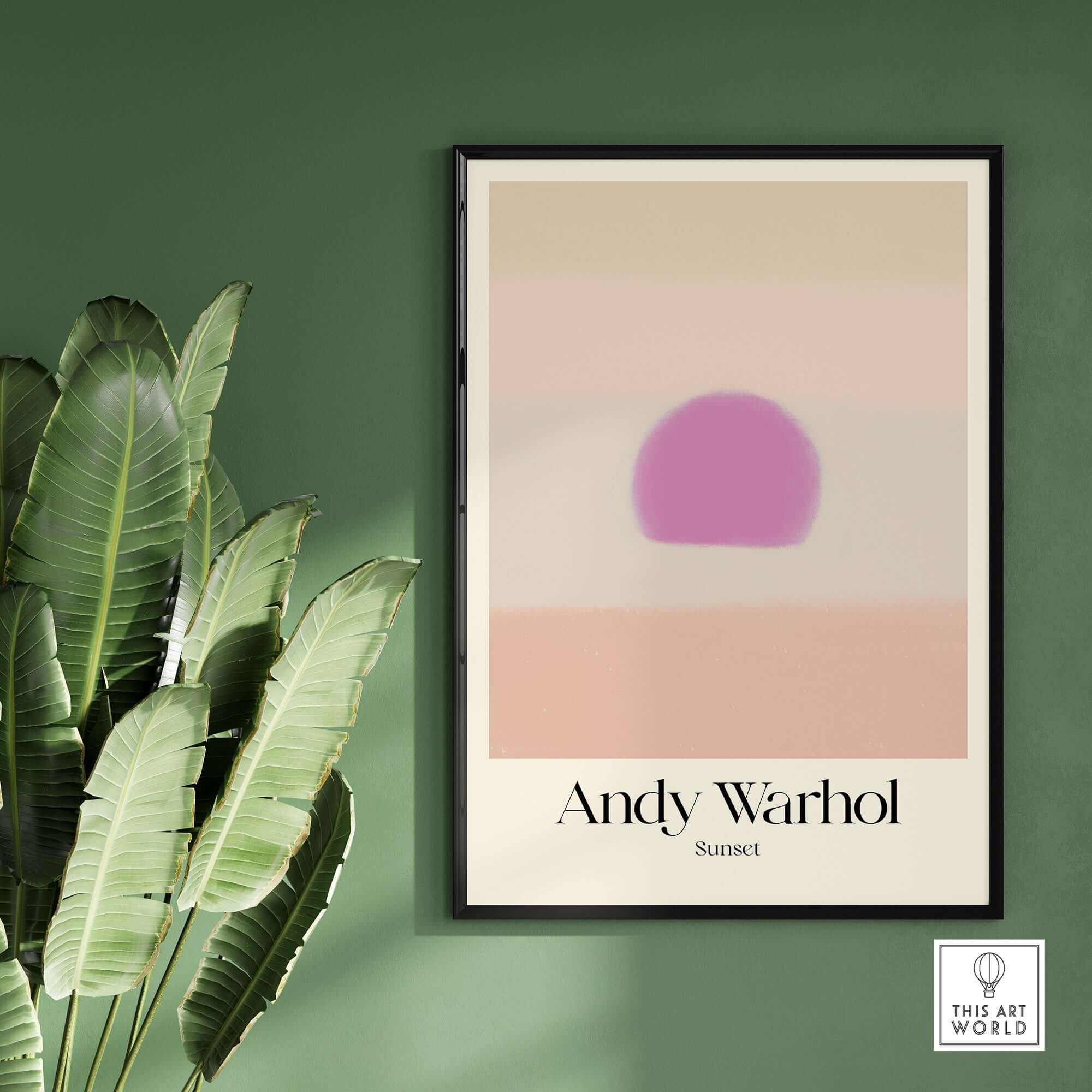 Andy Warhol Sunset Pastel Pink Purple Pop Art Print Subtle Abstract Poster Wall Art framed on a green wall with plants.
