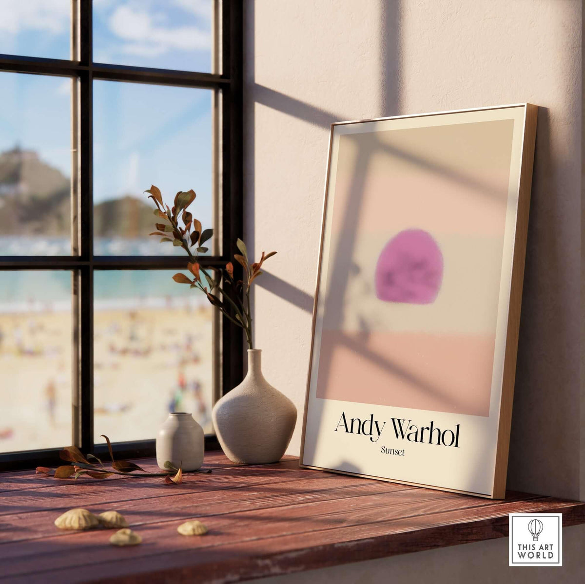 Andy Warhol Sunset Pastel Pink Purple Pop Art Print Subtle Abstract Poster Wall Art displayed in a sunlit room by a window.