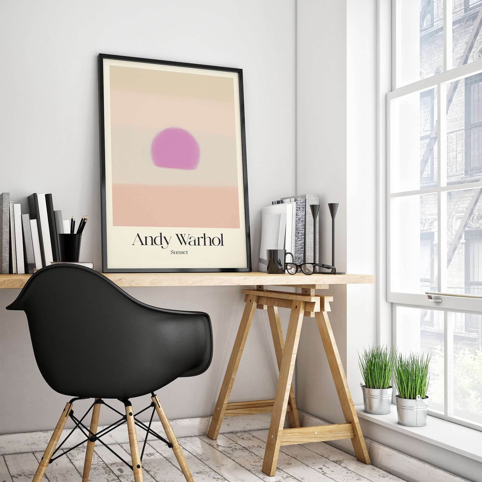 Andy Warhol Sunset Pastel Pink Purple Pop Art Print Subtle Abstract Poster Wall Art displayed in modern office setting.