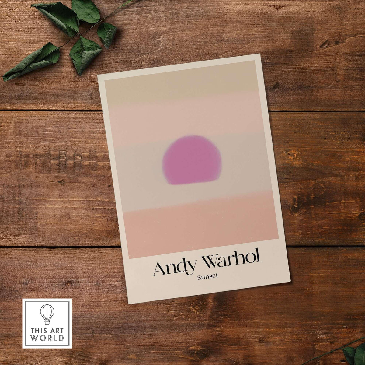 Andy Warhol Sunset Pastel Pink Purple Pop Art Print Subtle Abstract Poster Wall Art displayed on wooden surface.