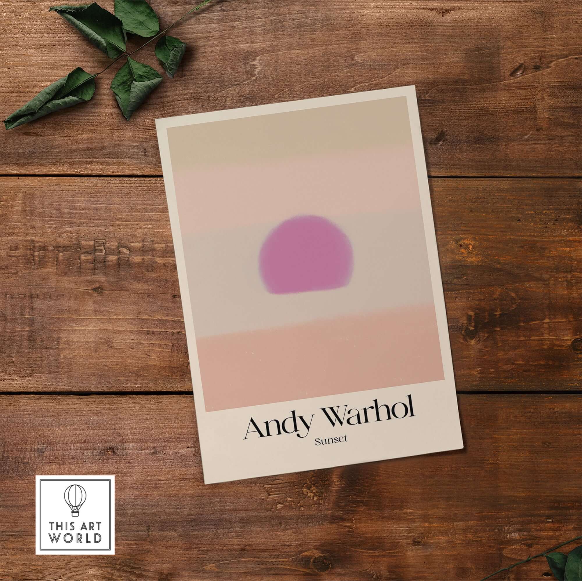 Andy Warhol Sunset Pastel Pink Purple Pop Art Print Subtle Abstract Poster Wall Art displayed on wooden surface.