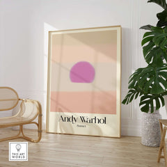 Andy Warhol Sunset Pastel Pink Purple Pop Art Print Subtle Abstract Poster Wall Art displayed in a modern setting.