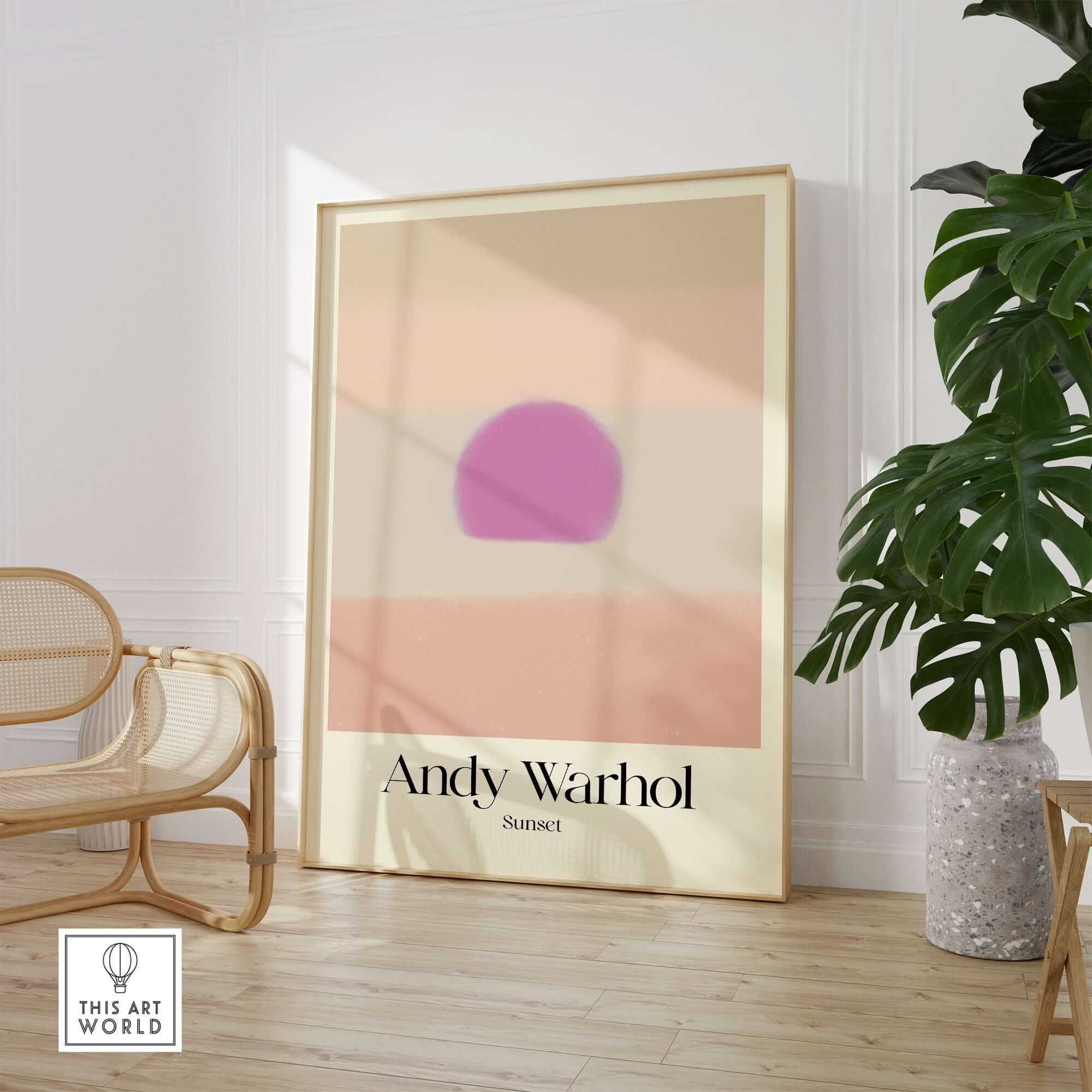 Andy Warhol Sunset Pastel Pink Purple Pop Art Print Subtle Abstract Poster Wall Art displayed in a modern setting.