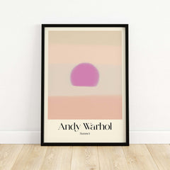Andy Warhol Sunset Pastel Pink Purple Pop Art Print Subtle Abstract Poster Wall Art framed on a wall.