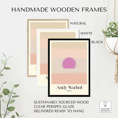 Andy Warhol Sunset Pastel Pink Purple Pop Art Print Subtle Abstract Poster Wall Art framed in natural, white, and black frames