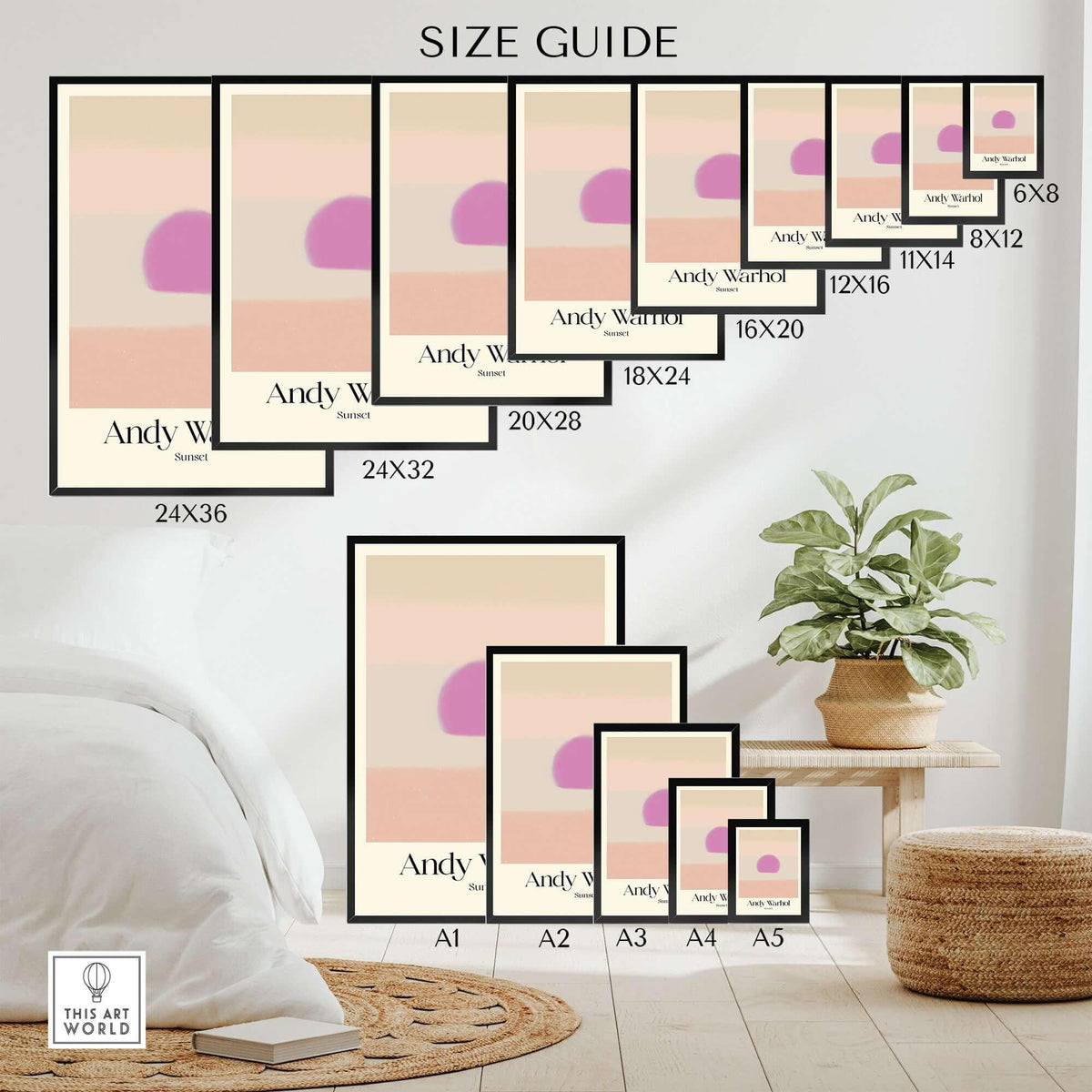 Andy Warhol Sunset Pastel Pink Purple Pop Art Print Subtle Abstract Poster Wall Art size guide showing various frame sizes.