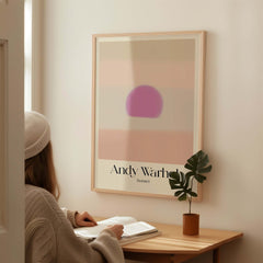 Andy Warhol Sunset Pastel Pink Purple Pop Art Print Subtle Abstract Poster Wall Art displayed in a modern setting.