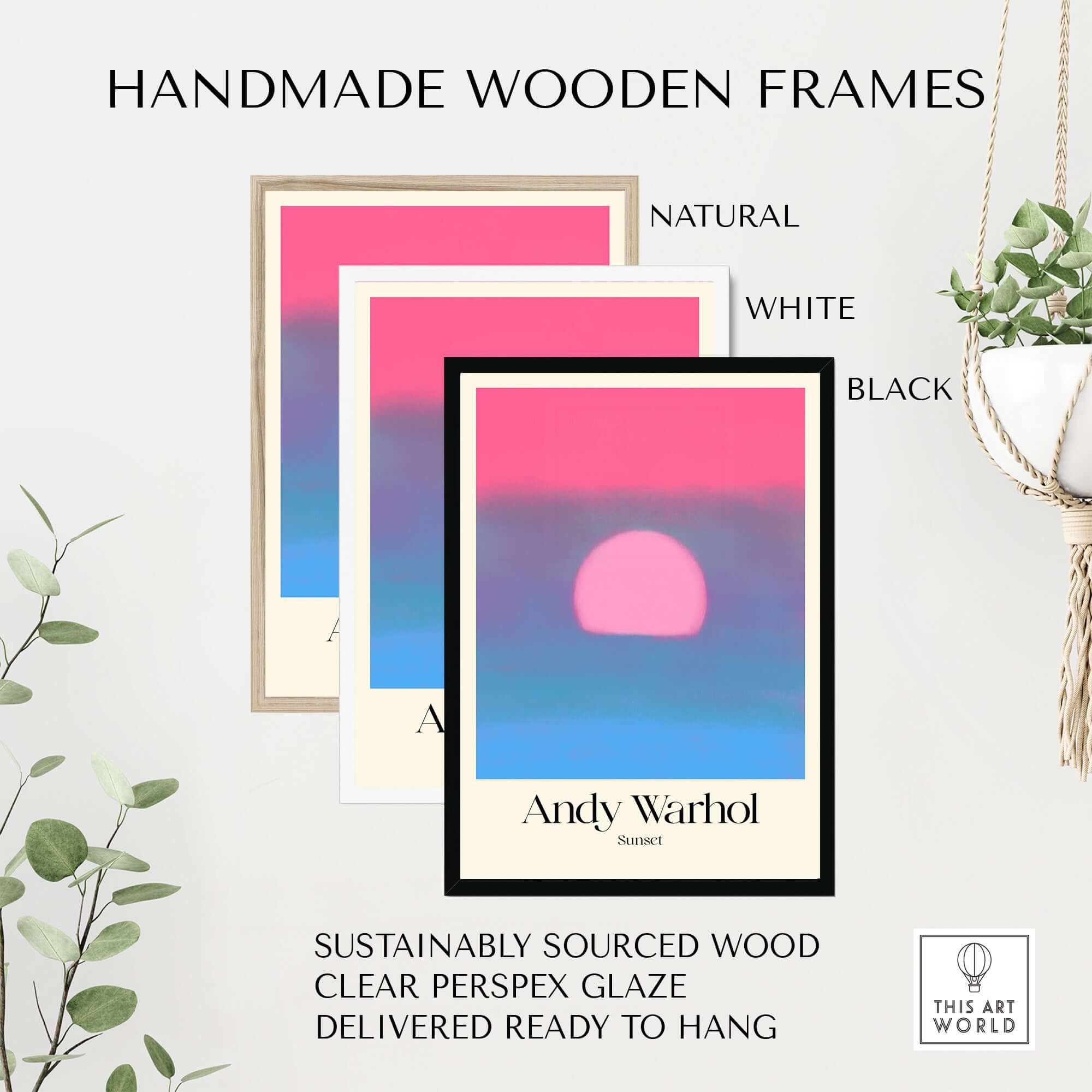 Andy Warhol Sunset Pink Blue Pop Art Poster Abstract Screenprint Wall Art Print in handmade wooden frames.
