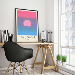 Andy Warhol Sunset Pink Blue Pop Art Poster Abstract Screenprint Wall Art Print displayed in a modern office setting.