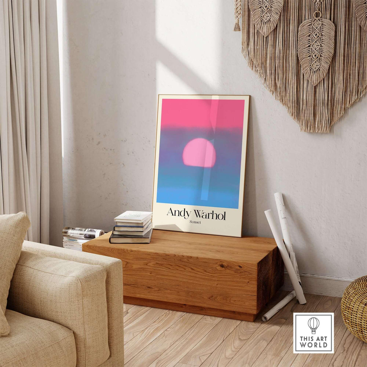 Andy Warhol Sunset Pink Blue Pop Art Poster Abstract Screenprint Wall Art Print displayed in a modern living room.