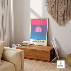 Andy Warhol Sunset Pink Blue Pop Art Poster Abstract Screenprint Wall Art Print displayed in a modern living room.