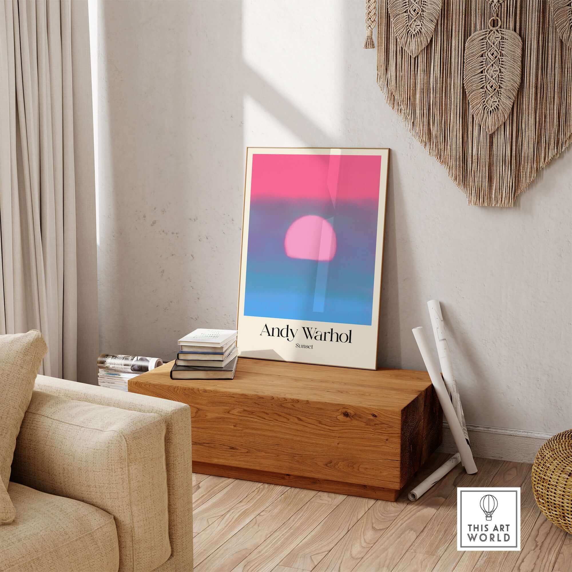 Andy Warhol Sunset Pink Blue Pop Art Poster Abstract Screenprint Wall Art Print displayed in a modern living room.