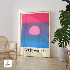 Andy Warhol Sunset Pink Blue Pop Art Poster Abstract Screenprint Wall Art Print displayed in a modern interior setting.