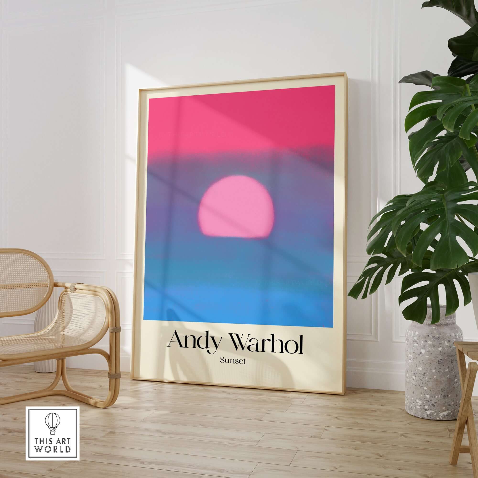 Andy Warhol Sunset Pink Blue Pop Art Poster Abstract Screenprint Wall Art Print displayed in a modern interior setting.