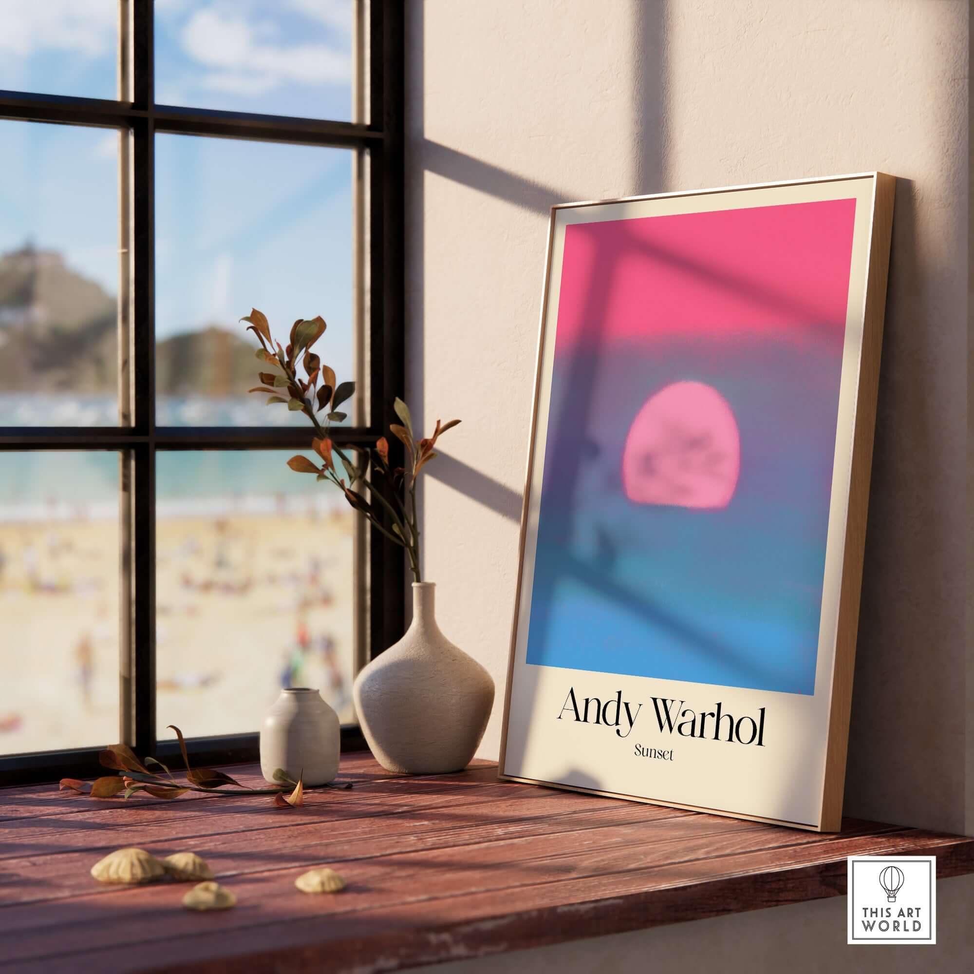 Andy Warhol Sunset Pink Blue Pop Art Poster Abstract Screenprint Wall Art Print displayed in a modern interior setting.