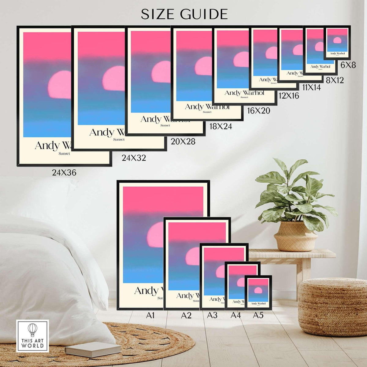 Andy Warhol Sunset Pink Blue Pop Art Poster Abstract Screenprint Wall Art Print size guide image showcasing various frame sizes.