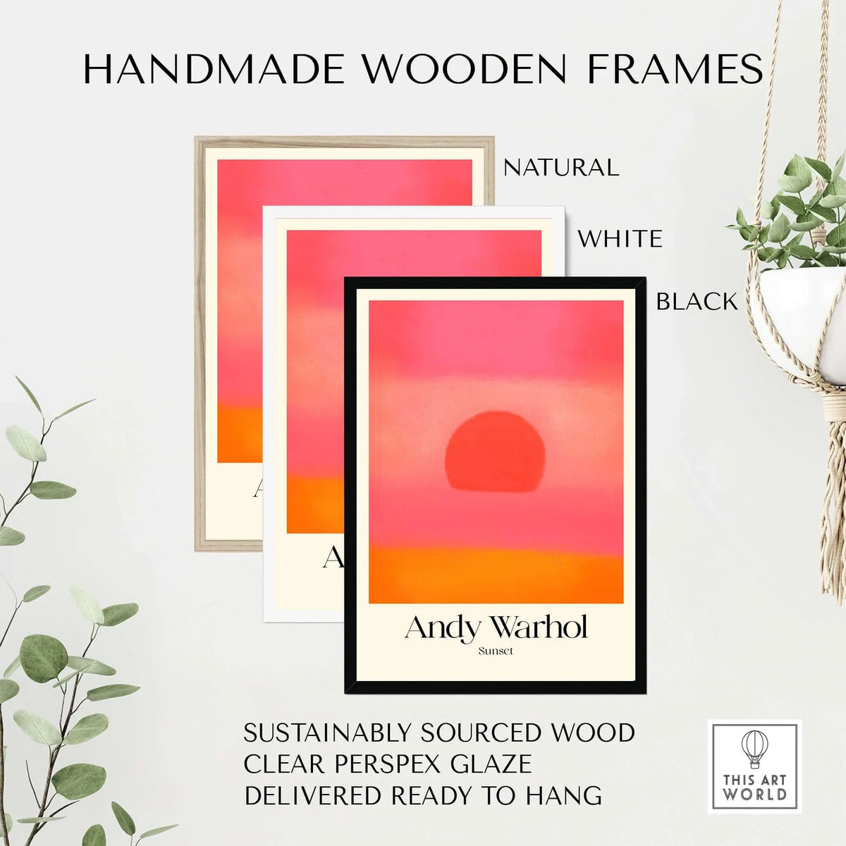 Handmade wooden frames for Andy Warhol Sunset Pink Orange Pop Art Print Modern Abstract Poster Wall Art, ready to hang.