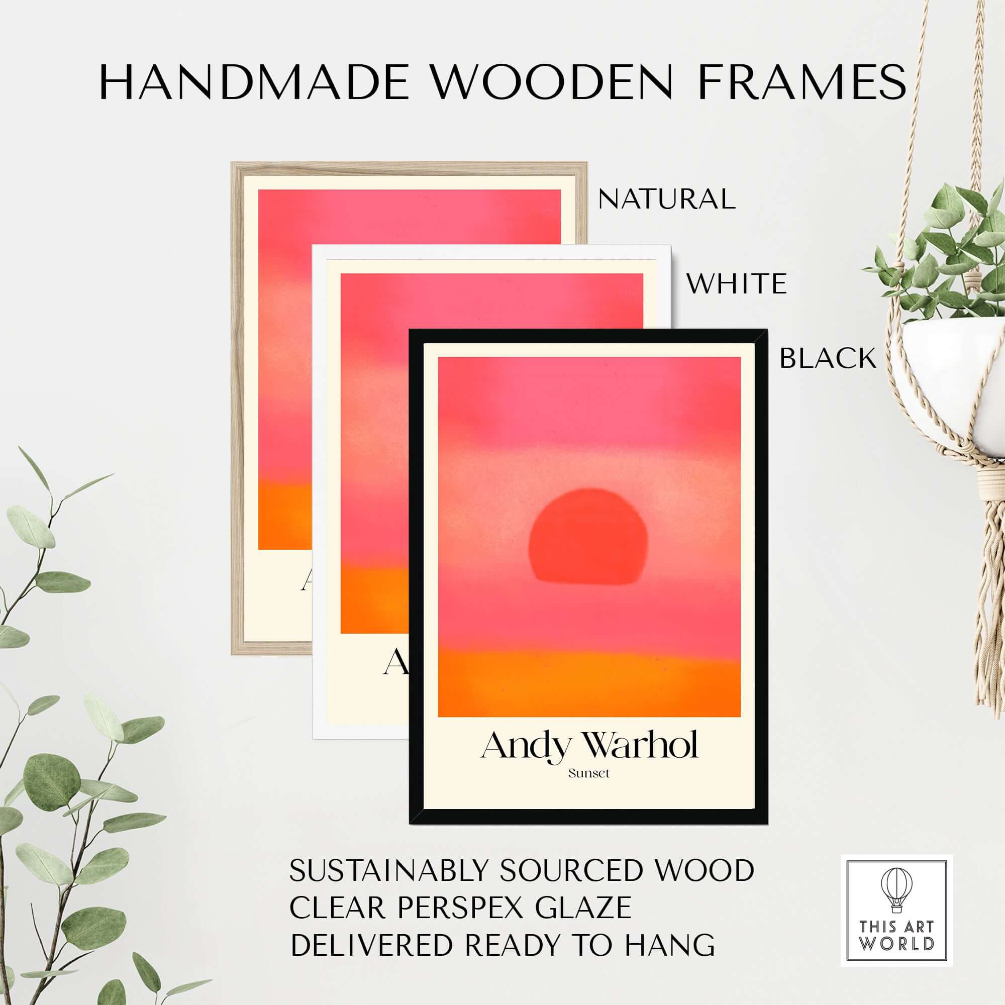 Handmade wooden frames for Andy Warhol Sunset Pink Orange Pop Art Print Modern Abstract Poster Wall Art, ready to hang.