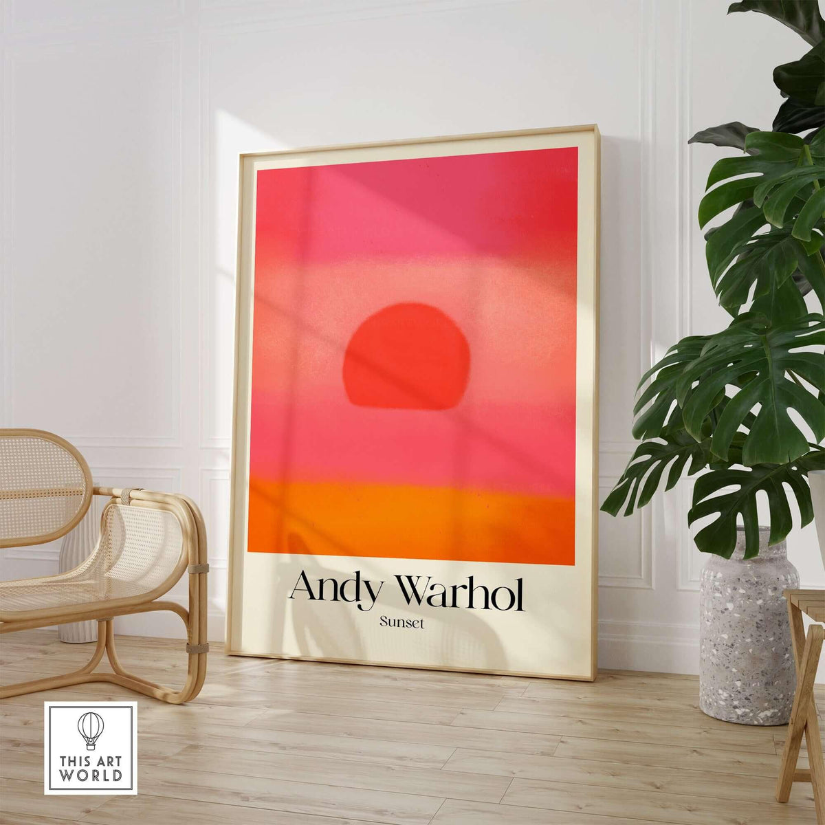 Andy Warhol Sunset Pink Orange Pop Art Print Modern Abstract Poster Wall Art displayed in a stylish interior setting.