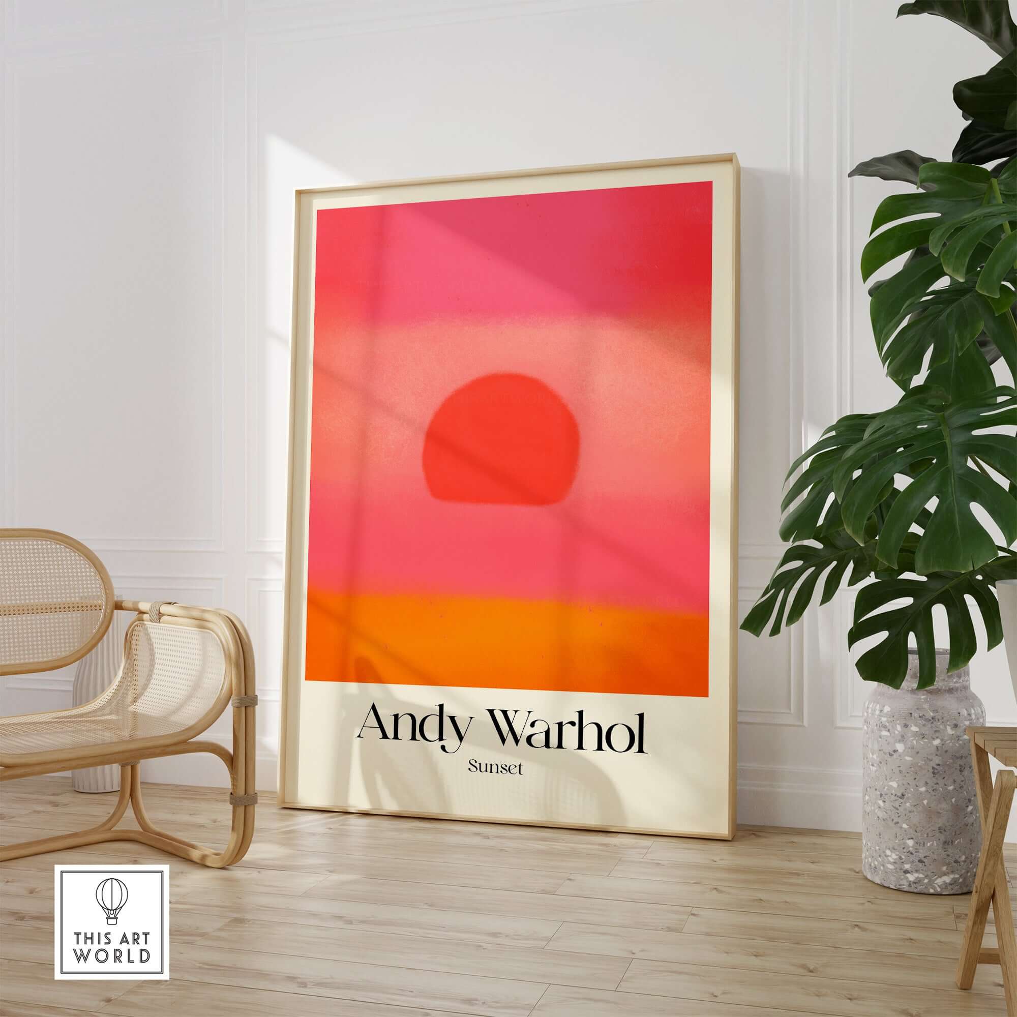 Andy Warhol Sunset Pink Orange Pop Art Print Modern Abstract Poster Wall Art displayed in a stylish interior setting.